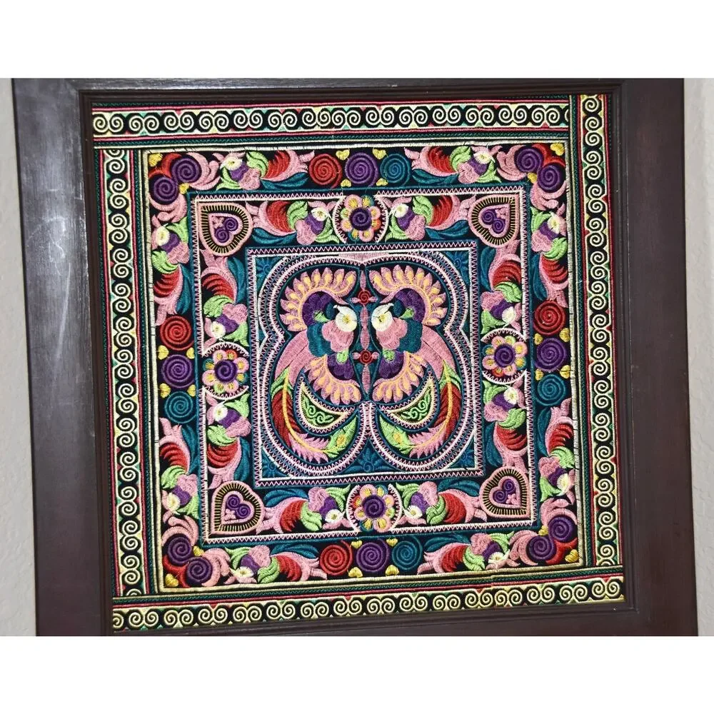 Vintage Folk Art Hand Stitched Embroidery Otomi Mounted & Framed